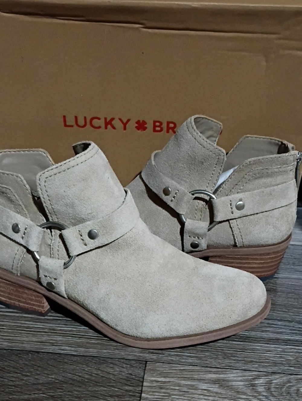 Lucky Brand Beige Leather Suede Ankle Booties with Ring Strap